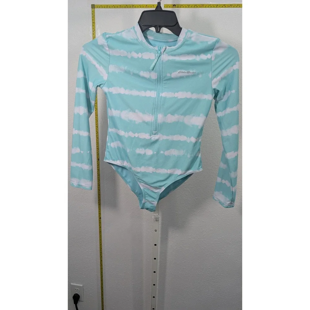 Eddie Bauer Girls Aqua Blue Tie Dye Long Sleeve Rash Guard Swimsuit Size L 14/16